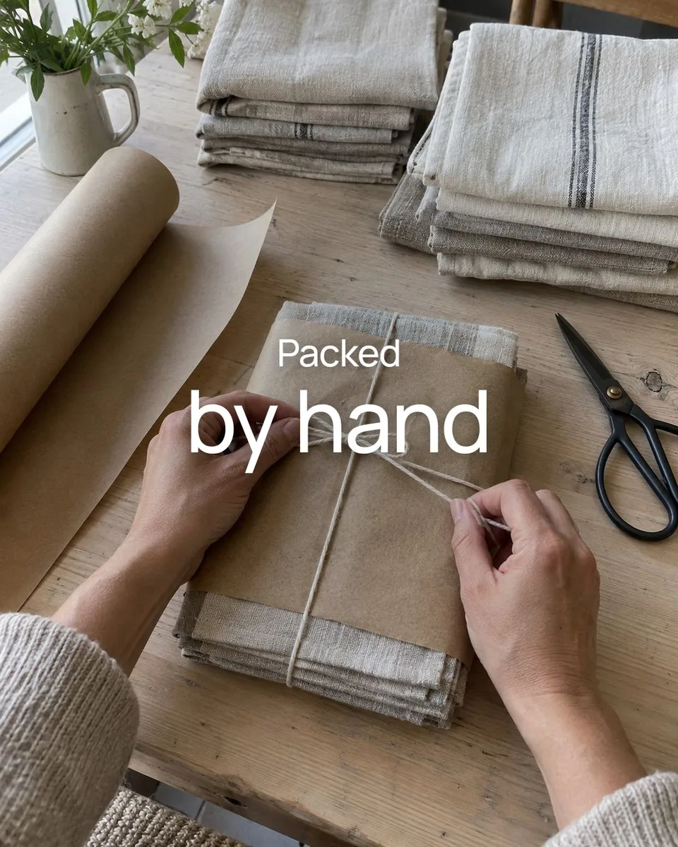 Linen shop post: Packed by hand